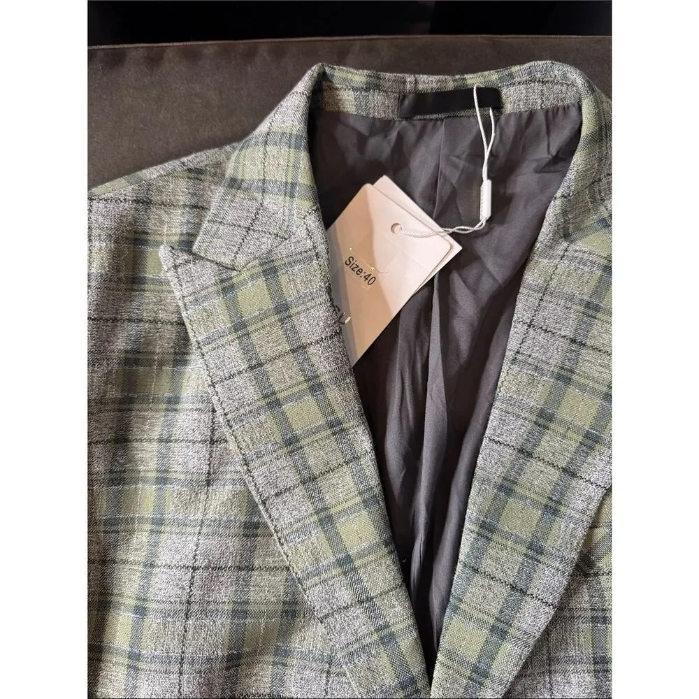 Mens Green Plaid Blazer Two-Button Sport Suit Jacket Coat Peak Lapel Size 40 NWT